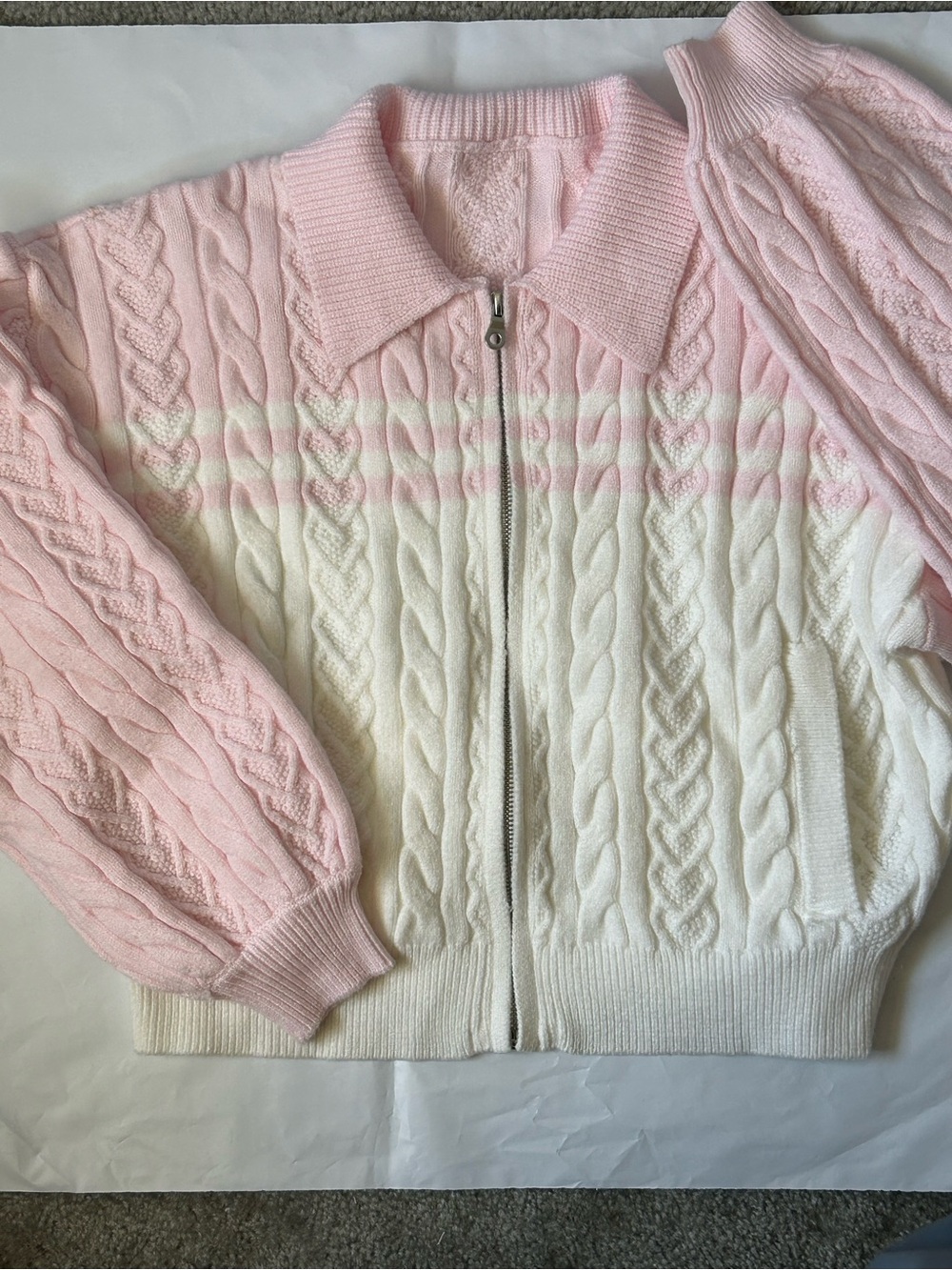 Pink and White Cable Knit Zip-Up Sweater with heart pattern